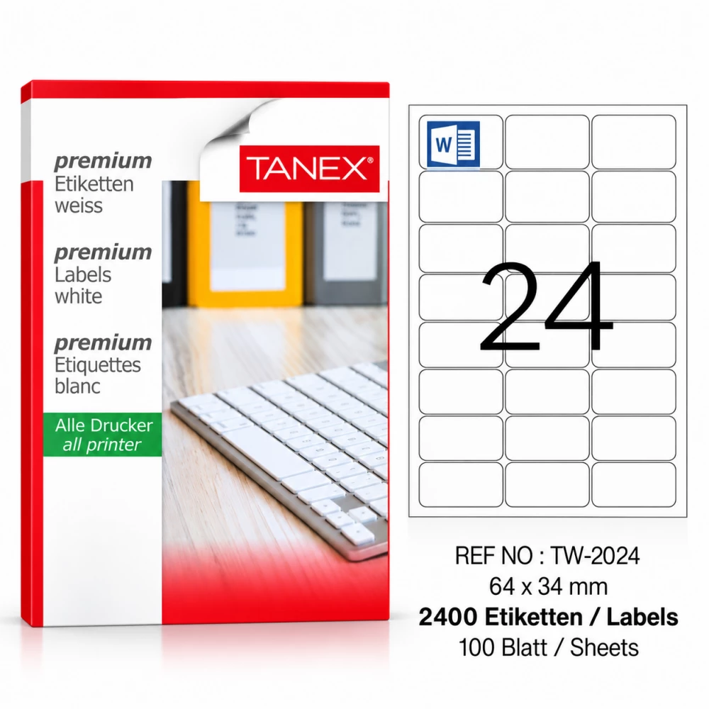 Tanex TW-2024 64x34 mm Lazer Etiket 100 Sayfa 2400 Adet