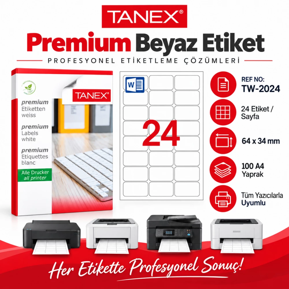 Tanex TW-2024 64x34 mm Lazer Etiket 100 Sayfa 2400 Adet