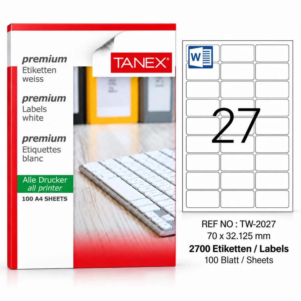 Tanex TW-2027 70x32,125 mm Lazer Etiket 100 Sayfa 2700 Adet