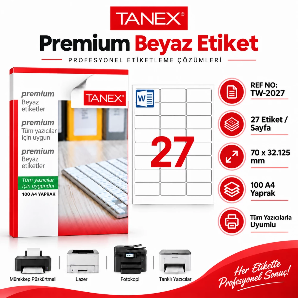 Tanex TW-2027 70x32,125 mm Lazer Etiket 100 Sayfa 2700 Adet