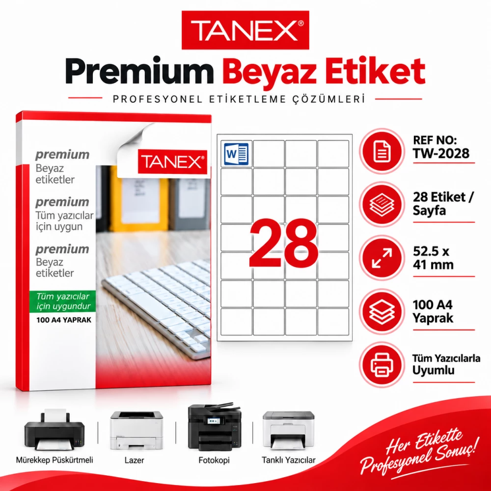 Tanex TW-2028 52,5x41 mm Lazer Etiket 100 Sayfa 2800 Adet