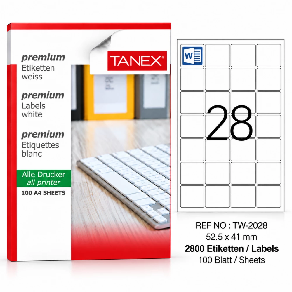 Tanex TW-2028 52,5x41 mm Lazer Etiket 100 Sayfa 2800 Adet