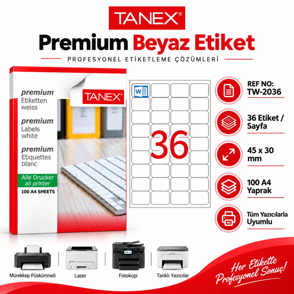 Tanex TW-2036 45x30 mm Beyaz Laser Etiket 100'lü Paket