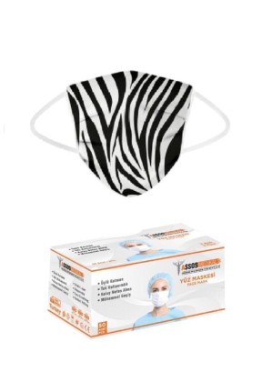 3 Katlı Burun Telli Yeni Nesil Yumuşak Elastik Kulaklı Zebra Desen Maske 50 Li 