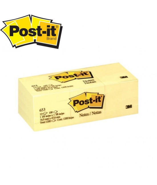 3M Post-it 653 Sarı Not Kağıdı 38mm x 51mm 100 Yaprak 12'Li Paket