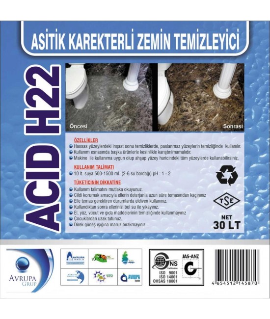 ACID H22 Asitik Karakterli Zemin Tem.30 Litre