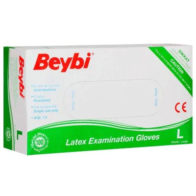 Beybi Lateks Muayene Eldiveni L Beden Pudralı 100 Lü 20 Li Paket