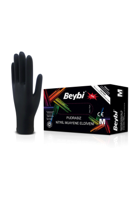 Beybi Siyah Nitril Muayene Eldiveni Pudrasız M Beden