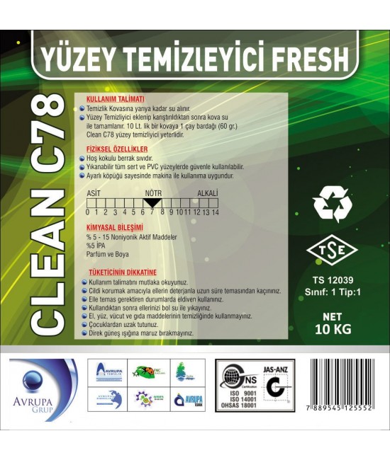 Clean C78 Yüzey Temizleyici Fresh Kokulu 10 Litre
