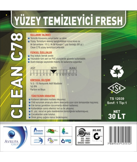 Clean C78 Yüzey Temizleyici Fresh Kokulu 30 Litre