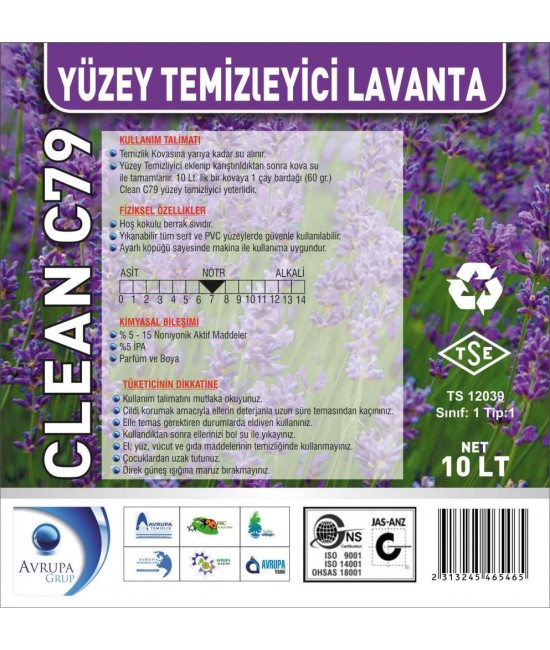 CLEAN C79 Yüzey Temizleyici Lavanta Kokulu 10 Litre