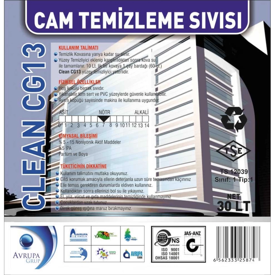 Clean CG13 Cam Temizleme Sıvısı 30 Litre
