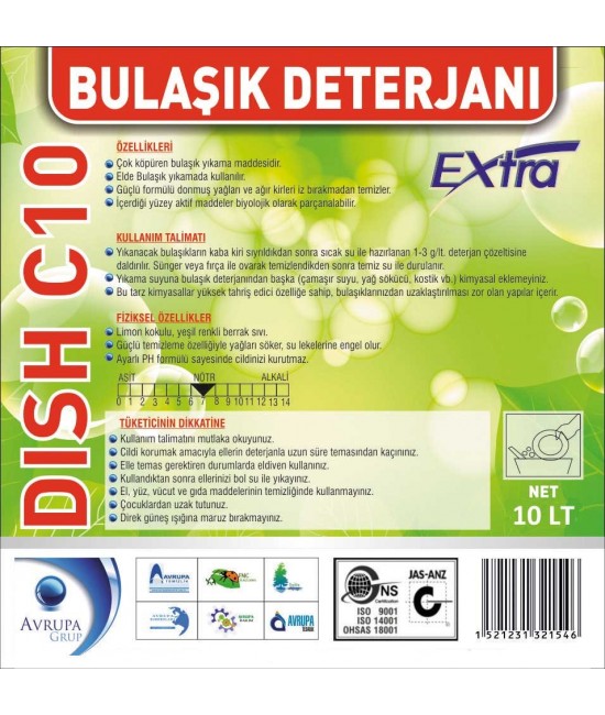 DISH C10 Bulaşık Deterjanı Ekstra 10 Litre