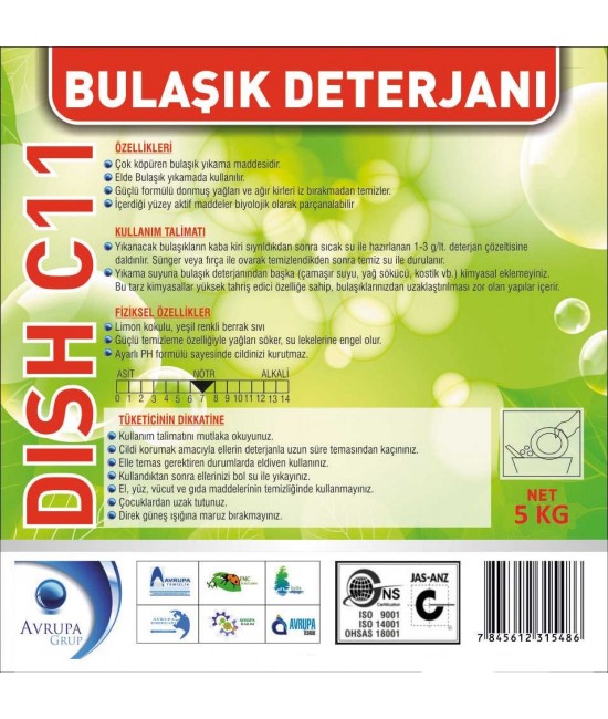 DISH C11 Bulaşık Deterjanı Standart 5 Kg