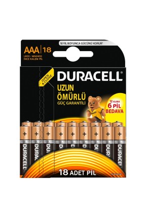 Duracell Alkalin AAA İnce Kalem Pil Ekonomik 12+6'lı Paket