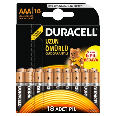 Duracell Alkalin AAA İnce Kalem Pil Ekonomik 12+6lı Paket