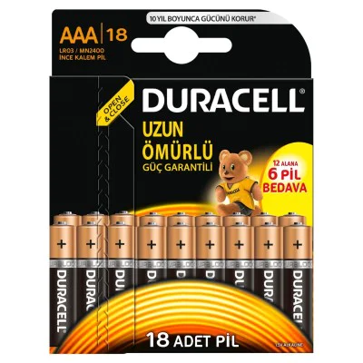 Duracell Alkalin AAA İnce Kalem Pil Ekonomik 12+6lı Paket