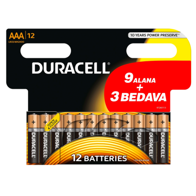 Duracell Alkalin AAA İnce Kalem Pil Ekonomik 9+3lü Paket