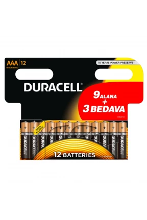 Duracell Alkalin AAA İnce Kalem Pil Ekonomik 9+3'lü Paket