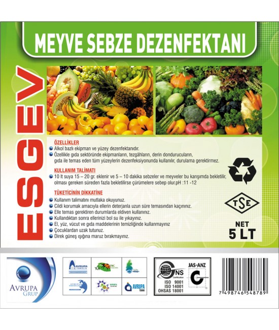 ESGEV Hijyenik Meyve ve Sebze Dezenfekte Maddesi 5 Litre