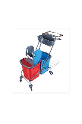 Euro Çöp Toplamalı Krom Taşıyıcılı Sepetli,Çift Kovalı Paspas Arabası