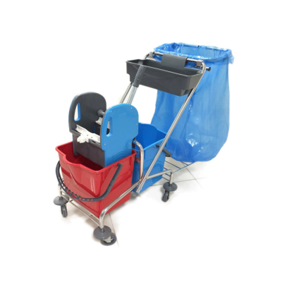 Euro Çöp Toplamalı Krom Taşıyıcılı Sepetli Çift Kovalı Paspas Arabası