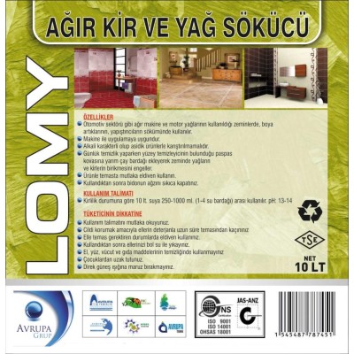 LOMY Ağır Kir ve Yağ Sökücü Kimyasal 10 Litre LOMY Ağır Kir ve Yağ Sökücü Kimyasal 10 Litre