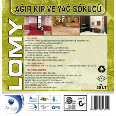 LOMY Ağır Kir ve Yağ Sökücü Kimyasal 30 Litre LOMY Ağır Kir ve Yağ Sökücü Kimyasal 30 Litre