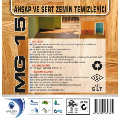 MG 15 Ahşap ve Sert Zemin Temizleme Ürünü 5 Litre MG 15 Ahşap ve Sert Zemin Temizleme Ürünü 5 Litre
