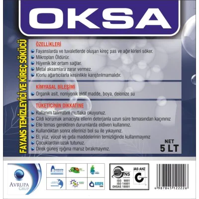 OKSA Fayans Temizleyici ve Kireç Sökücü 5 Litre OKSA Fayans Temizleyici ve Kireç Sökücü 5 Litre