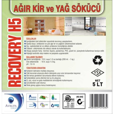 RECOVERY H5 Ağır Kir ve Yağ Sökücü 5 Litre RECOVERY H5 Ağır Kir ve Yağ Sökücü 5 Litre