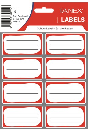 Tanex Kırmızı Bordürlü Çift Sıra Okul Etiketi 40 Adet