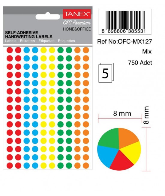 Tanex Ofc-127 Mıx Color Ofis Etiketi 8mm 750 Adet