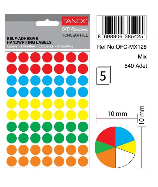 Tanex Ofc-128 Mıx Color Ofis Etiketi 10mm 540 Adet