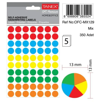 Tanex Ofc-129 Mıx Color Ofis Etiketi 13mm 350 Adet