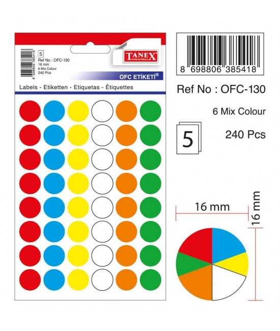 Tanex Ofc-130 Mıx Color Ofis Etiketi 16mm 240 Adet