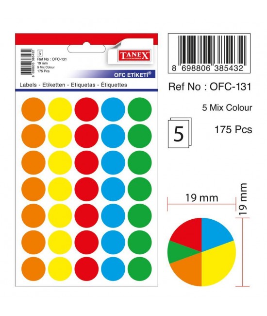 Tanex Ofc-131 Mıx Color Ofis Etiketi 19mm 175 Adet