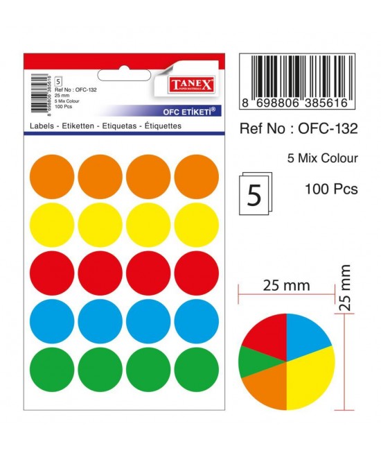 Tanex Ofc-132 Mıx Color Ofis Etiketi 25mm 100 Adet