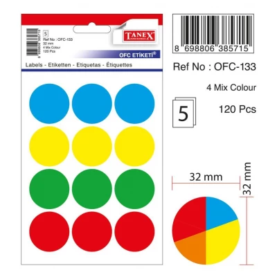 Tanex Ofc-133 Mıx Color Ofis Etiketi 30mm 60 Adet