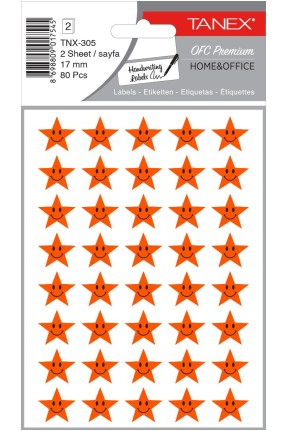 Tanex Tnx-305 Flo Turuncu Yıldız Gülen Yüz Etiketi 17mm 80 Li Paket