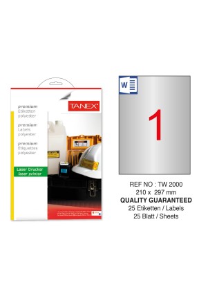 Tanex TW-2000 210x297mm Gümüş Lazer Etiket 25 Li