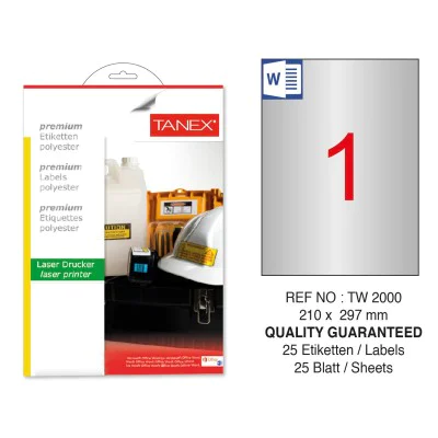 Tanex TW-2000 210x297mm Gümüş Lazer Etiket 25 Li