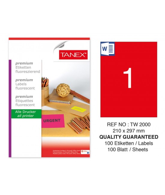 Tanex TW-2000 210x297mm Red Fluorescent Laser Label 100 Pcs