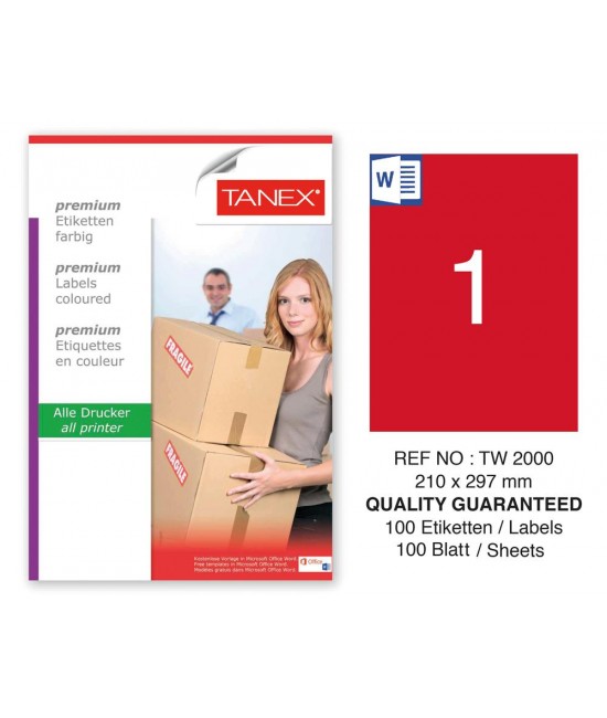 Tanex TW-2000 210x297mm Kırmızı Pastel Laser Etiket 100 Lü 