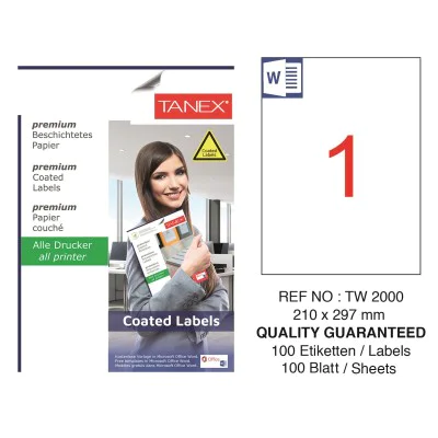 Tanex TW-2000 210x297mm Kuşe Laser Etiket 100 Lü Tanex TW-2000 210x297mm Kuşe Laser Etiket 100 Lü