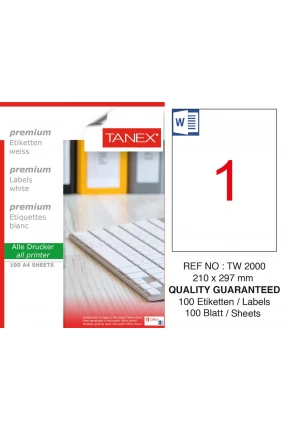 Tanex TW-2000 210x297mm Laser Etiket 100 Lü Tanex TW-2000 210x297mm Laser Etiket 100 Lü