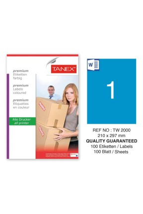Tanex TW-2000 210x297mm Mavi Pastel Laser Etiket 100 Lü 