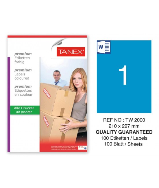 Tanex TW-2000 210x297mm Mavi Pastel Laser Etiket 100 Lü 