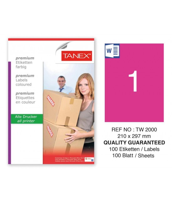 Tanex TW-2000 210x297mm Pembe Pastel Laser Etiket 100 Lü 