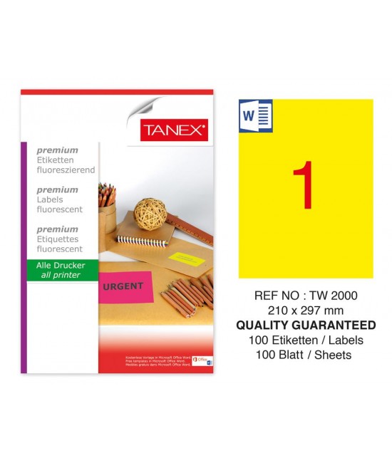 Tanex TW-2000 210x297mm Yellow Fluorescent Laser Label 100 Pcs